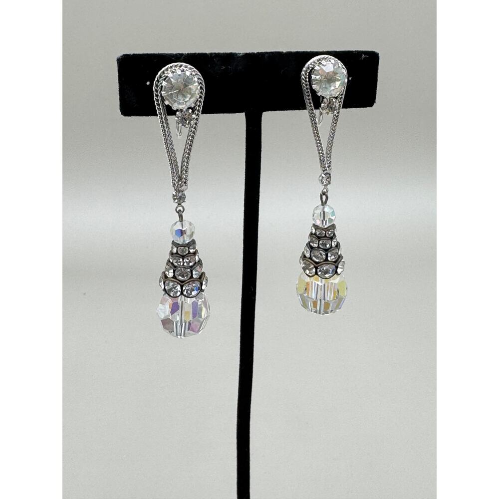 Vintage Art Deco Clear Rhinestone Aurora Borealis Pendulum Silver Tone Earrings